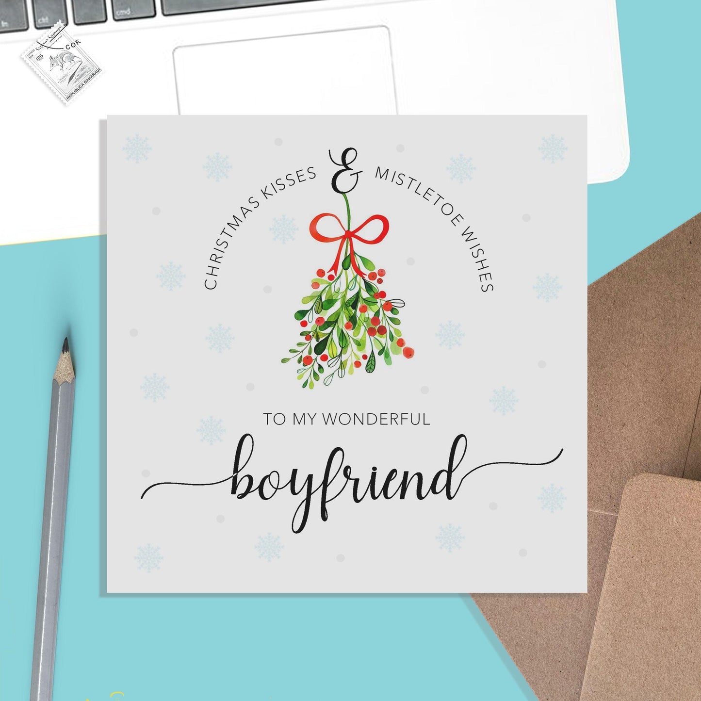 Christmas Card For Boyfriend, Romantic Christmas Card Mistletoe Wishes & Christmas Kisses - PMPrinted