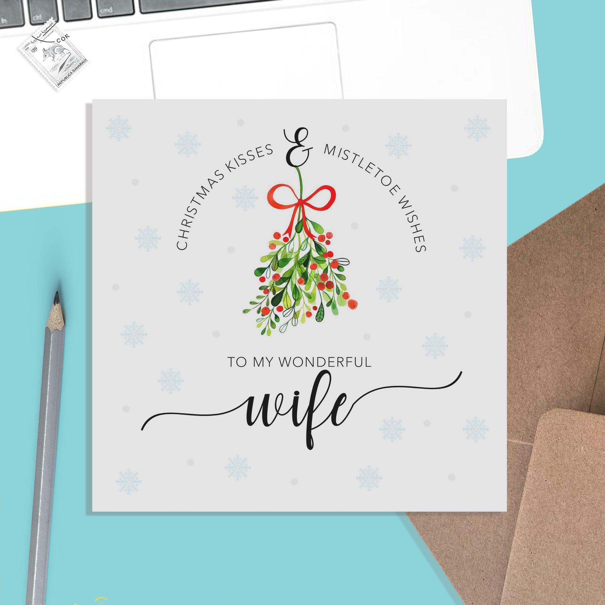 Christmas Card For Wife, Romantic Christmas Card Mistletoe Wishes & Christmas Kisses - PMPrinted