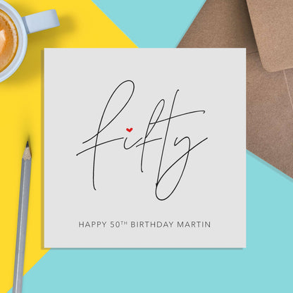 50th Birthday Card, Personalised Simple Elegant Fifty Birthday Card - PMPrinted