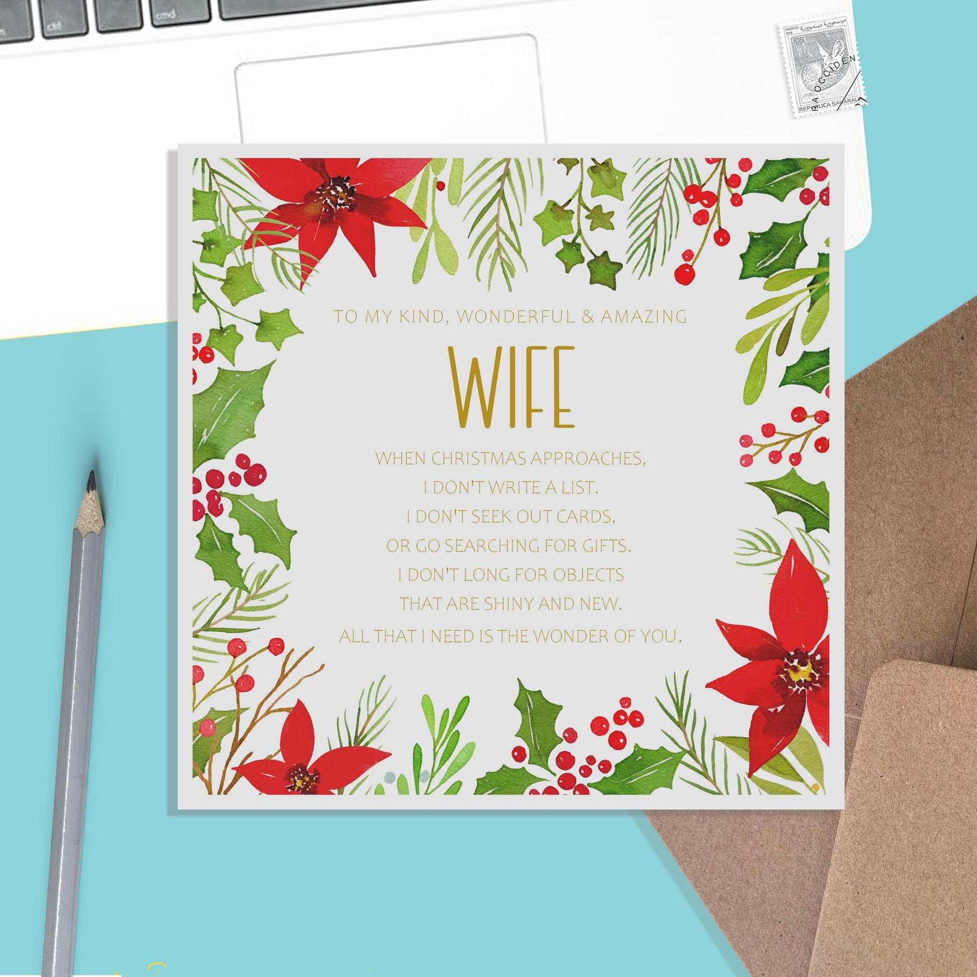 Wife Christmas Card, Traditional Poinsettia Romantic Poem - PMPrinted