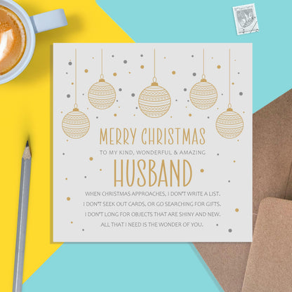 Husband Christmas Card, Gold Bauble Sentimental Romantic Poem - PMPrinted