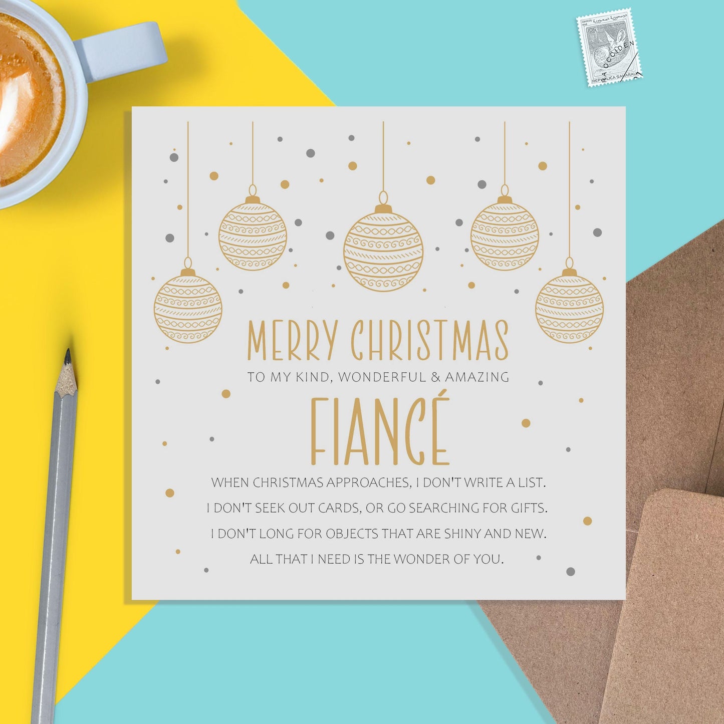 Fiance Christmas Card, Gold Bauble Sentimental Romantic Poem - PMPrinted