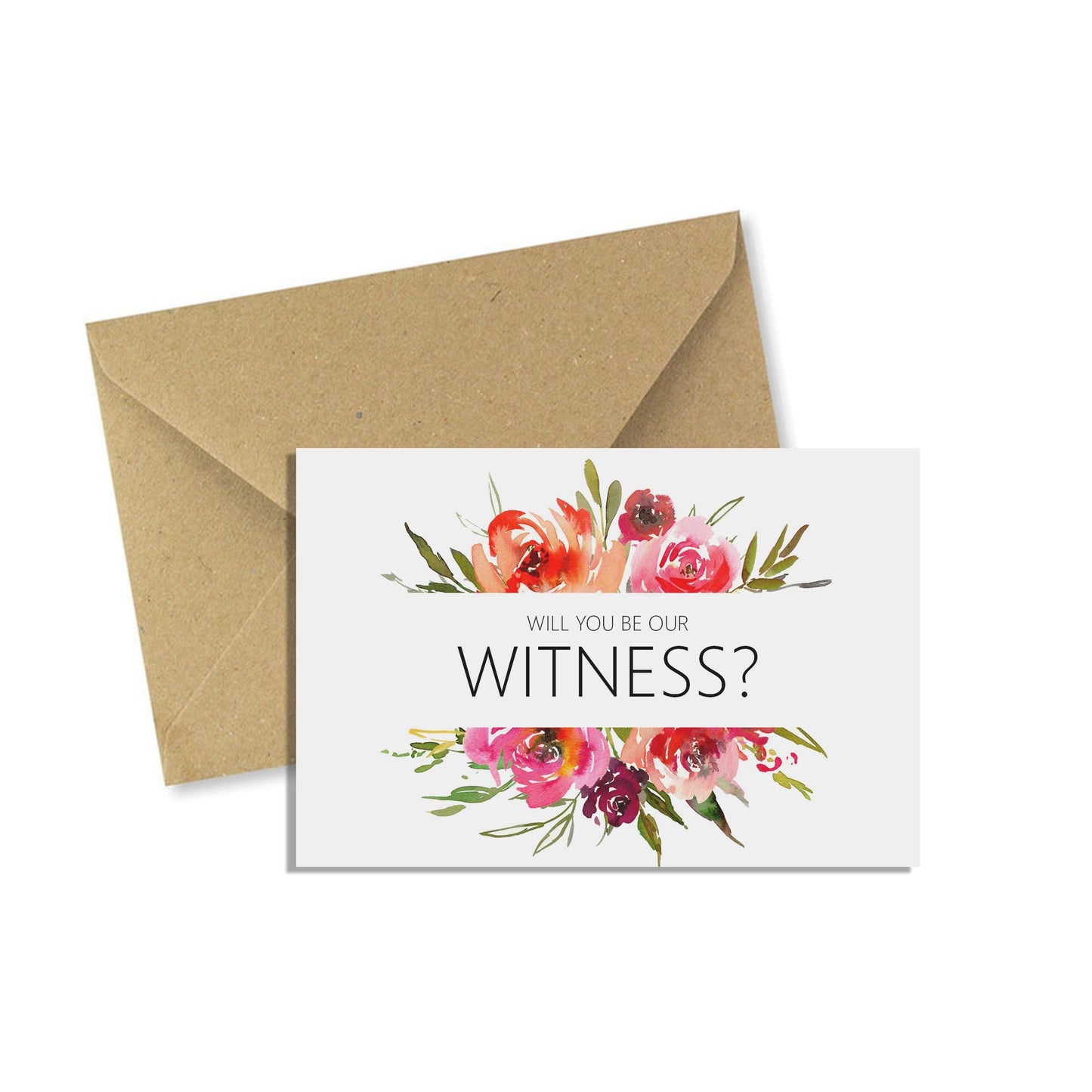 Red Floral Will You Be Our Witness? A6 Proposal Card With Kraft Envelope