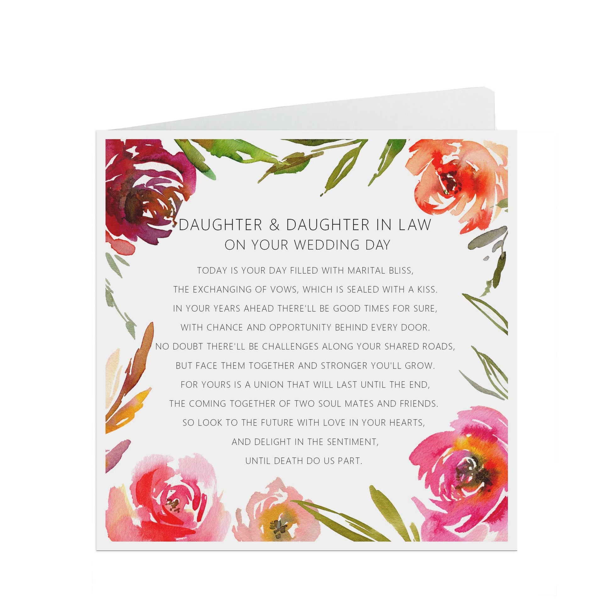 Red Floral Wedding Day Card -Daughter & Daughter In Law - 6x6 Inches With A Kraft Envelope