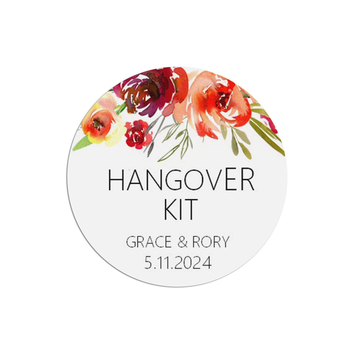 Wedding Favour Stickers, Red Floral 'Hangover Kit' - Personalised, 35 Stickers Per Sheet, 37mm Round