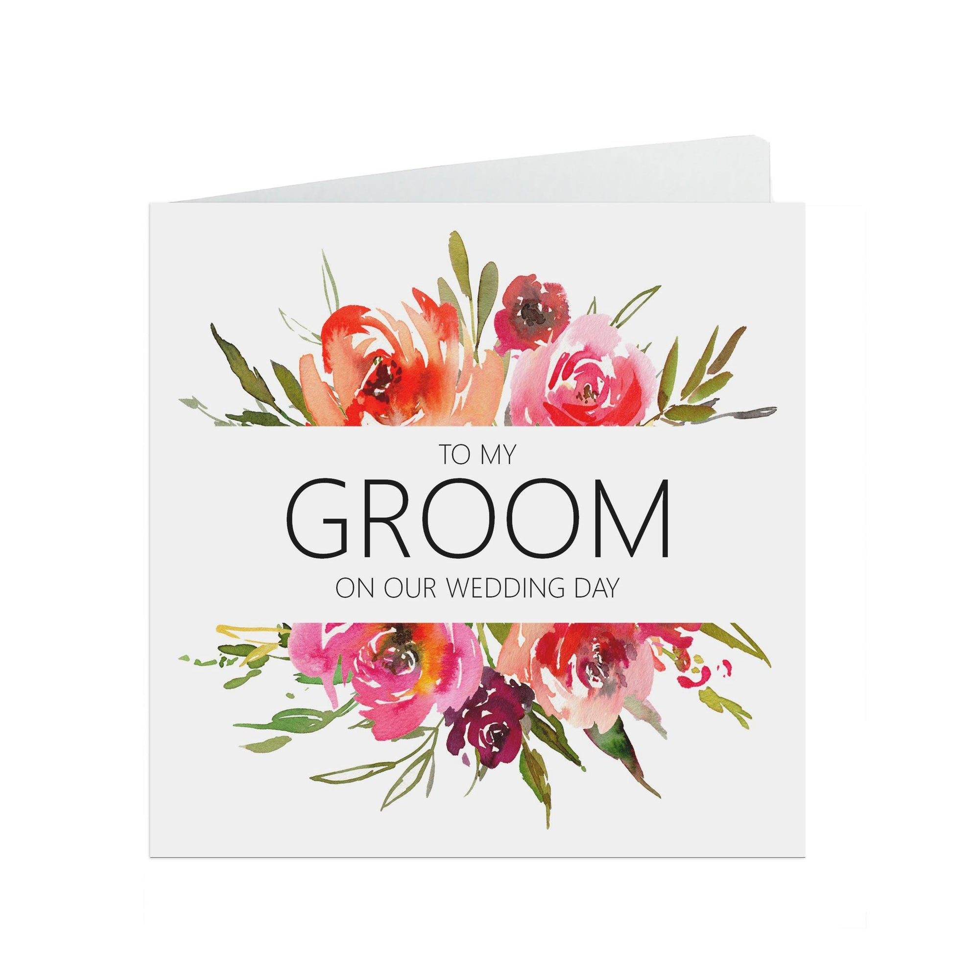 Red Floral Groom On Our Wedding Day Card - 6x6 Inches With A Kraft Envelope