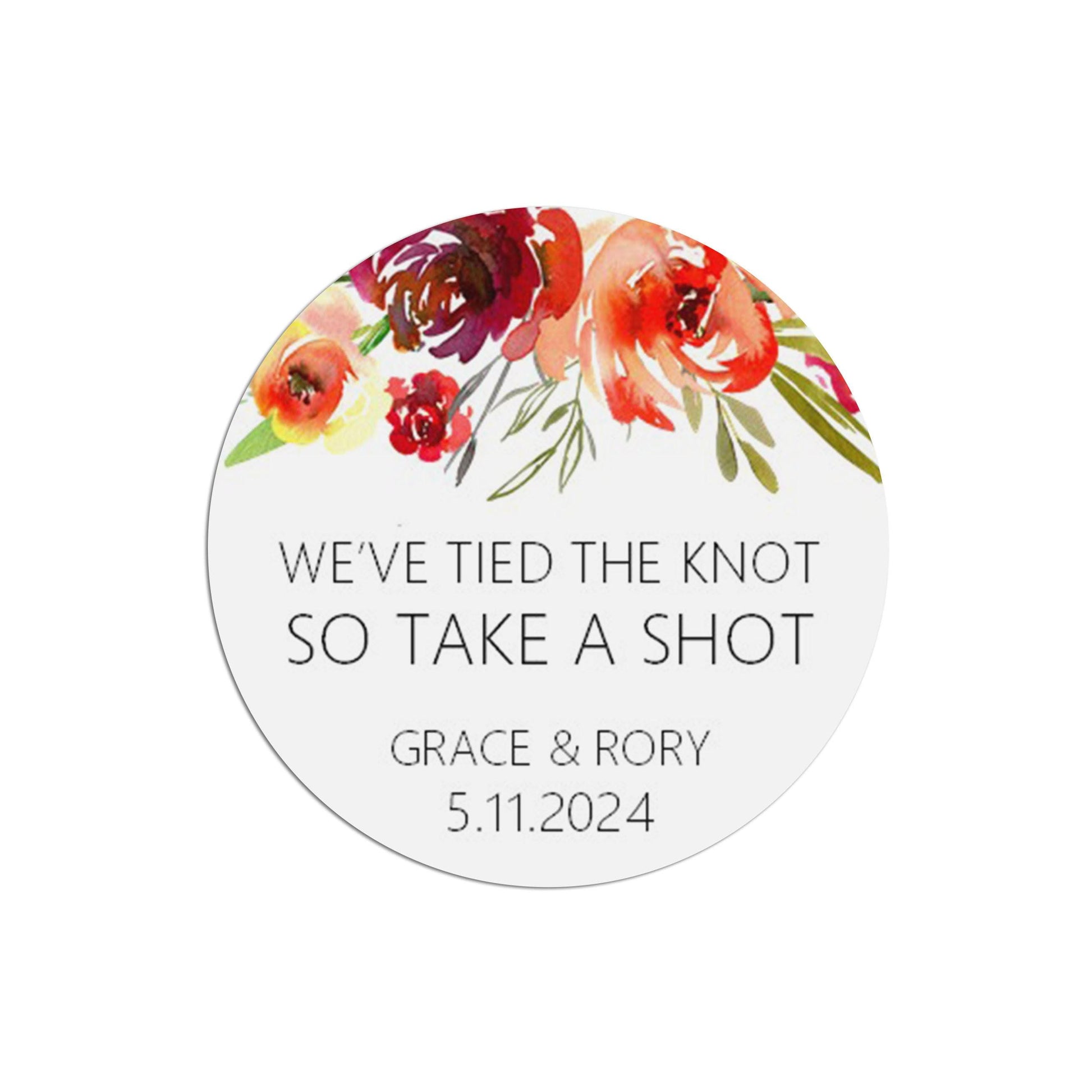 Wedding Favour Stickers, Red Floral 'Take A Shot' - Personalised, 35 Stickers Per Sheet, 37mm Round