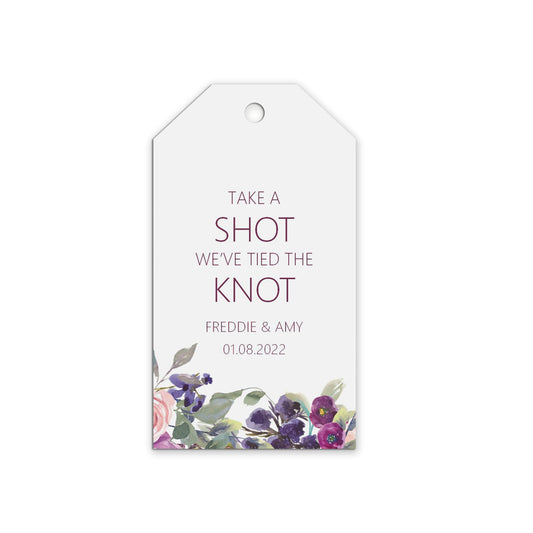 Take A Shot Wedding Gift Tags, Purple Floral Personalised Pack Of 10