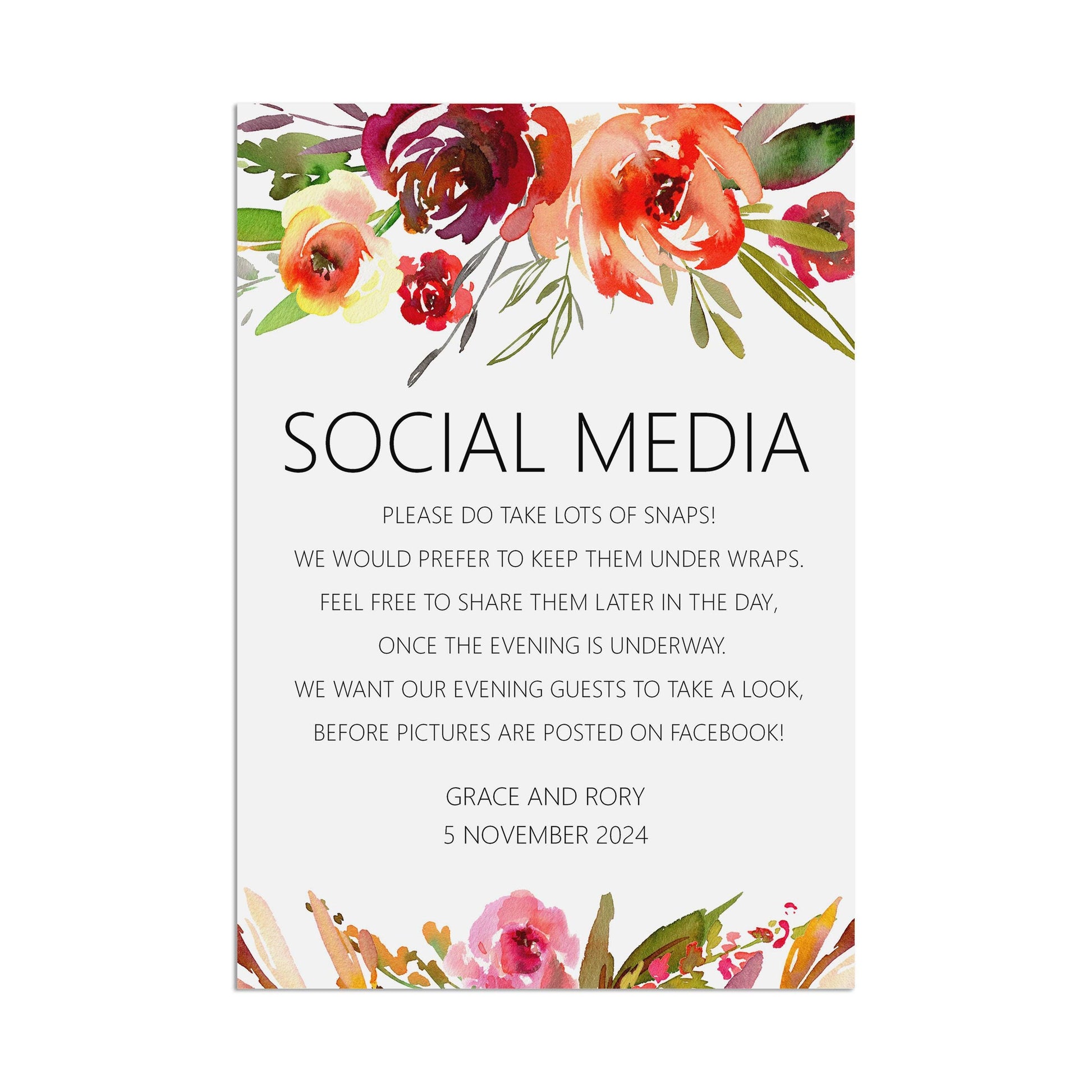 Wedding Sign - Red Floral Social Media Photos , Personalised & Printed A5, A4 Or A3