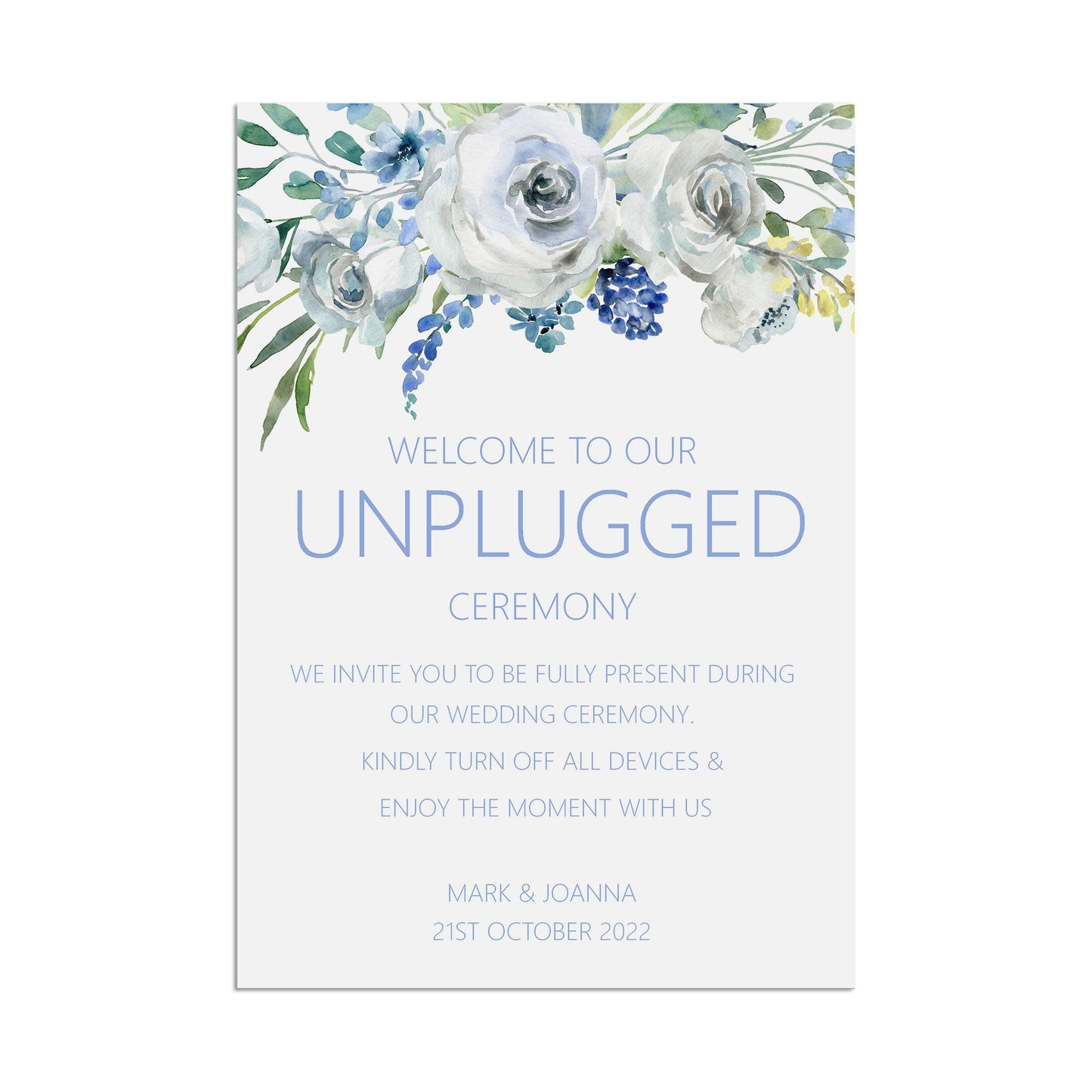 Wedding Sign - Blue Floral Unplugged Ceremony - Personalised & Printed, A5, A4, Or A3