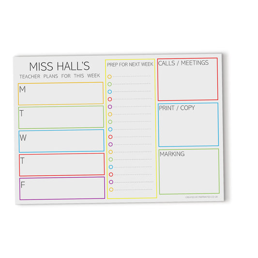 Teacher Weekly Planner, Personalised weekly Organisation Planner A4 with 40 undated tear off pages